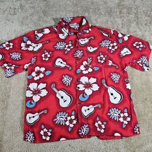 Jammin Shirts Hawaiian Shirt Men's Size XL Button down Guitars flowers Red AOP